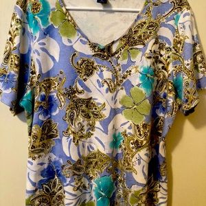 Ladies' "Islander" V-neck Tee in a splash of blues, beiges & turquoises